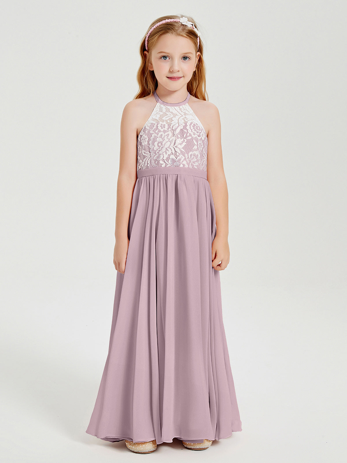 Lace Top Long Chiffon Bridesmaid Dresses Dusk